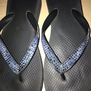 Black flip flops with blue  Swarovski Crystals 8